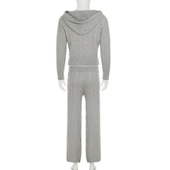 Grey Knitted Zipper Hooded Jacket And Wide Leg Pants Set