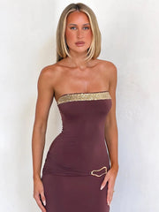 Brown Strapless Sequin Trim Metal Decoration Long Dress
