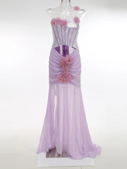 Purple 3d Flower Strapless Slit Cut Out Mesh Maxi Dress