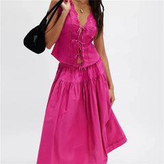 Front Tie Eyelet Tank Top And Long Skirt Set
