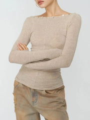Off Shoulder Long Sleeve Sheer Button Applique Top