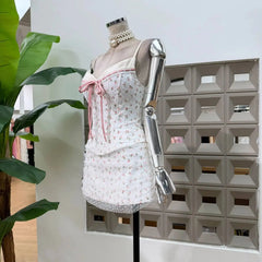 Floral Corset Strap Bow Corset And Mesh Overlay Mini Skirt Set