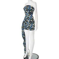 Strapless Floral Print Ruched Bandage Mini Dress