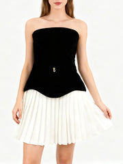 Black Velvet Strapless White Pleated Mini Dress