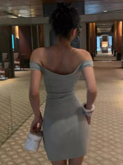 Grey Off-Shoulder Cutout Studded Bodycon Mini Dress
