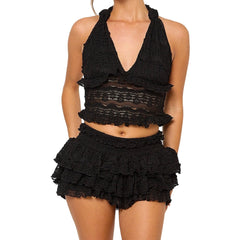 Lace Tie-up Halter Open Back Cami Tops And Mini Layered Skirt Set