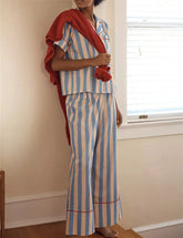 Striped Button Down Shirts And Wide Leg Lounge Pants Set