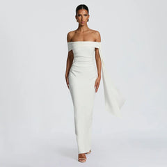 Slash Neck Off-Shoulder Ribbon Split Maxi Dress