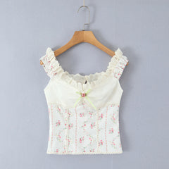 White Floral Embroidery Lace Slash Shoulder Crop Top