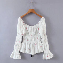Bow Tie Floral Print Long Sleeve Ruched Blouse