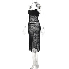 Black Mesh Polka Dot Halter Tank Top And Midi Skirt Set
