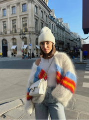 White Rainbow Stripe Fuzzy Cardigan