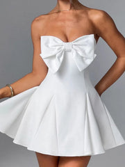 Large Bow Strapless Flare Mini Dress