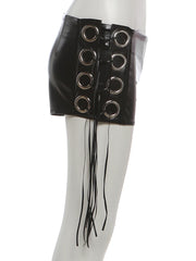 Black Metal Rings Faux Leather Tassel Shorts