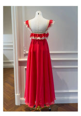 Red Lace Trim Square Neck Ruffle Chiffon Maxi Dress