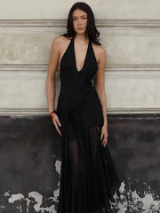 Sheer Halter V Neck Ruffle Pleated Hem Maxi Dress