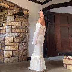 Off The Shoulder Long Sleeve Fishtail Maxi Dress