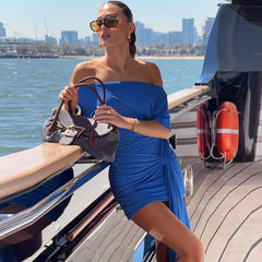 Off Shoulder Short Sleeve Waist Tie Mini Dress