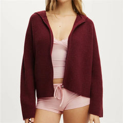 Knit Hooded Zip Up Cardigan