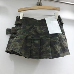 Denim Low Waist Double Belt Pleated Mini Skirt