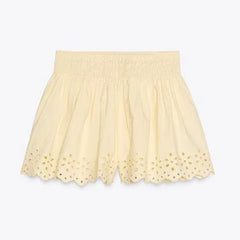 Yellow Eyelet V-neck Top And Shorts Set