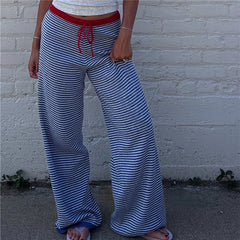 Blue Striped Wide Leg Red Drawstring Waist Lounge Pants