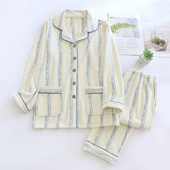Striped Print Flannel Shirt And Pants Pajama Set