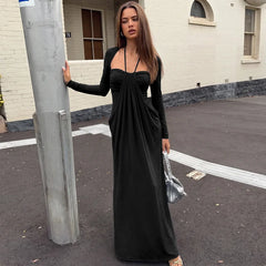 Long Sleeve Draped Tie Neck Maxi Dress