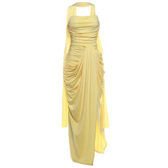 Strapless Ruched Maxi Dress with High Slit And Scarf
