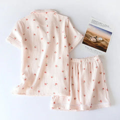 Cotton Peach Print Short-sleeved Shirt And Shorts Pajama Set