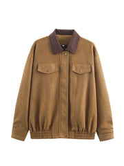 Brown Lapel Ribbed Collar Patchwork Pocket Jacket