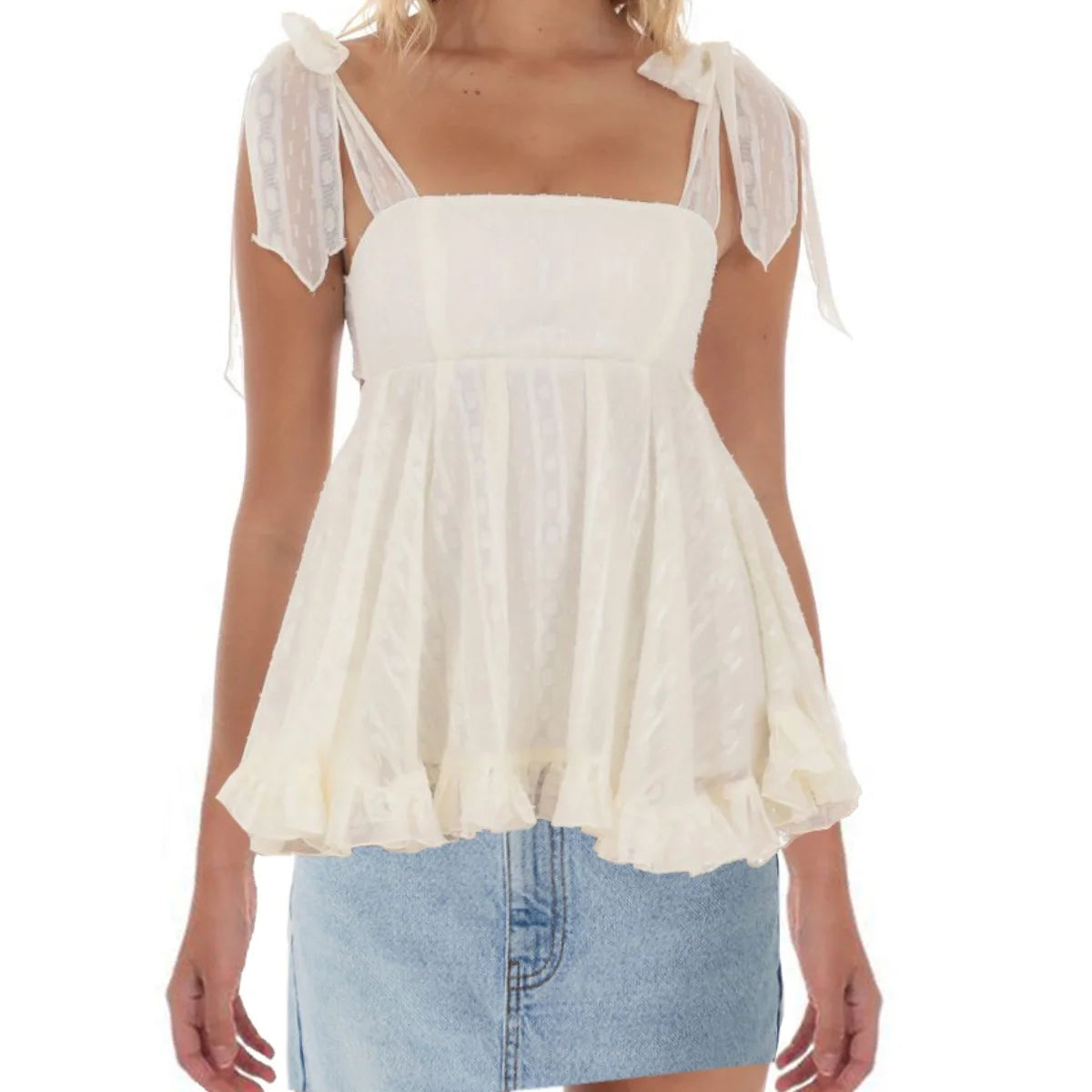 White blouse with sheer sleeves worn by a person