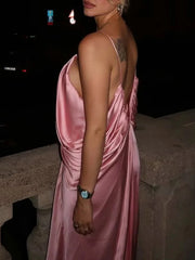 Pink Satin Drape Style Maxi Dress
