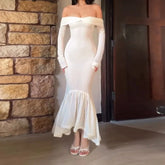 Off The Shoulder Long Sleeve Fishtail Maxi Dress