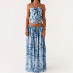 Tie Front Cami Backless Crop Top And Long Skirt Set