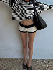 Two Tone O-Neck Long Sleeve Cardigan And Low Waist Shorts Set