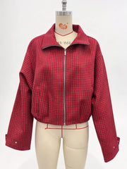 Red Zipper-up Plaid Stand Collar Jacket