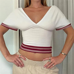White Striped Trim V-Neck Short Sleeve Fitted Waist Crop Top