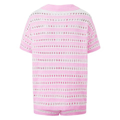 Striped Crochet Knit Short Sleeve Button Down Shirt and Shorts Hollow Out Set