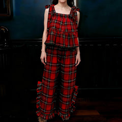 Ruffle Plaid Bow Tie Shoulder Babydoll Tank Top and Pants Loungewear Set