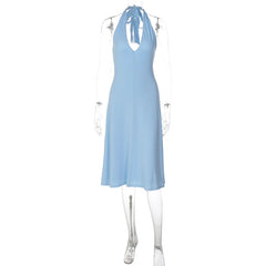 Halter Deep V-Neck Flared Midi Dress