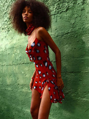 Red Printed Sheer Cowl Neck Mini Dress