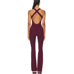 Solid V-Neck Back Cross Flare Pants Jumpsuit