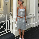 Silver Sequin Cami Top And Midi Skirt Set