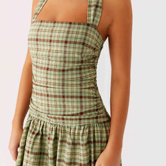 Green Plaid Halter Maxi Dress