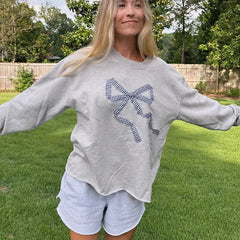 Plaid Bow Pattern Crew Neck Raw Hem Sweatshirt