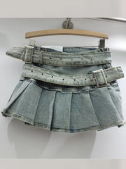 Denim Low Waist Double Belt Pleated Mini Skirt