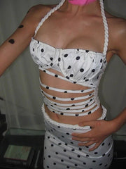 Polka Dots Slit Crop Top And Mid Skirts Set