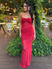 Red Strapless Mesh Ruched Maxi Dress