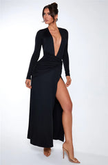 Black Deep V Neck Long Sleeve Maxi Dress